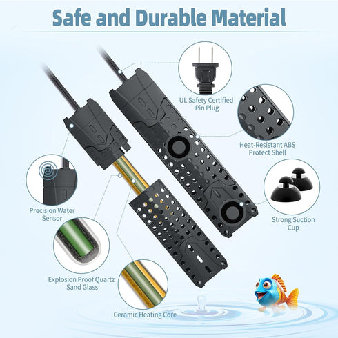 Submersible Aquarium Heater - 25W/50W/75W for 1-40 Gallon Fish Tank with Intelligent Auto Stop Heating & Overheating