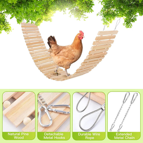 Jorewood Chicken Coop Toy Natural Wooden Chicken Swing & Bridge Toys Multi-Functional Poultry Perch with Wooden Beads