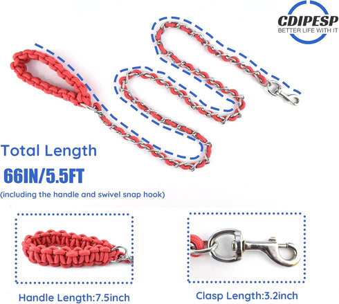 Chew Proof Chain Dog Leash 5.5ft Heavy Duty Metal Pet Lead with Soft Rope Handle for Medium Large Dogs
