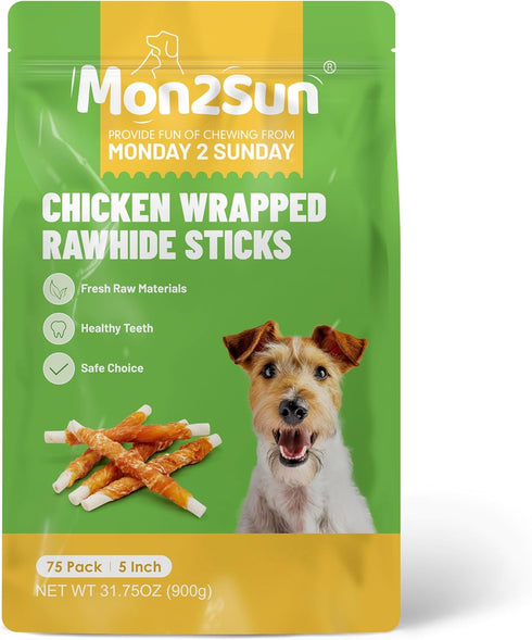 MON2SUN 5 Inch 75 Count 31.75 oz Chicken Wrapped Rawhide Sticks, Long Lasting Chew Treats for Puppy & Small Dogs, High