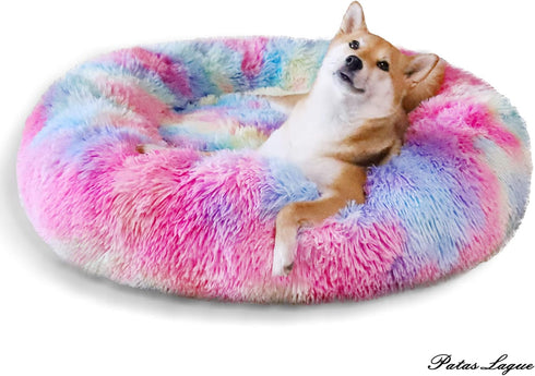 Patas Lague Calming Dog Bed for Small Dogs, Fluffy Cozy Faux Fur Anti-Anxiety Plush Donut Cuddler, Washable Pet Bed (20