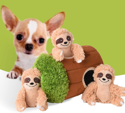 Interactive Squeaky Dog Toys - Plush Sloth Toy, Stuffing Woodland Friends Burrow for Small Medium Large Dogs