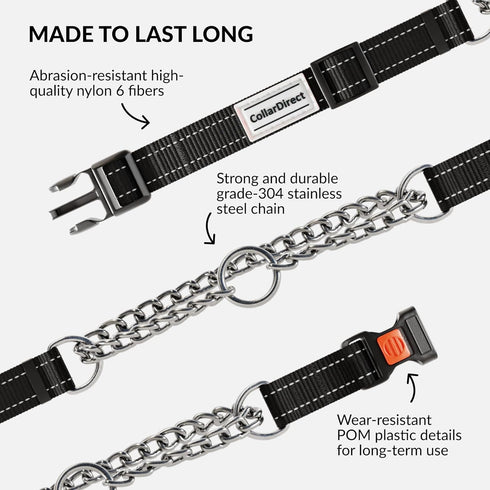 CollarDirect Martingale Dog Collar, Stainless Steel Chain and Quick Release Buckle, Reflective Collar for Dogs, Black