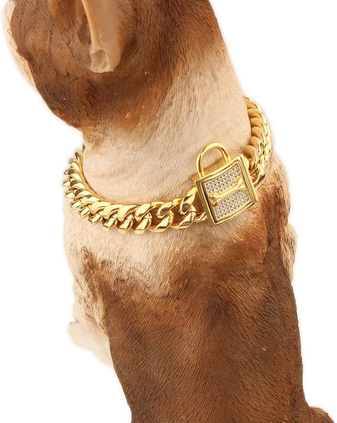 Dog Chain Collar - 12MM Heavy Duty Cuban Chain, 316L Stainless Steel Silver/Gold Training Collar (12'', Gold)