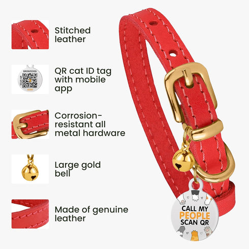 BRONZEDOG Leather Cat Collar with Removable Bells, Non-Breakaway Kitten QR Tag for Girl Boy, Red & Gold (9" - 12")