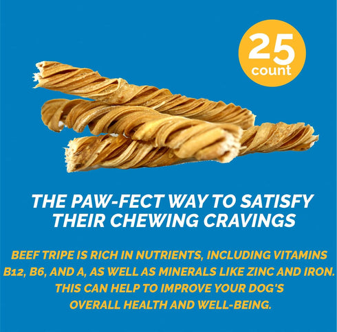 Beef Tripe Sticks for Dogs, 6" - 25 Count, All Natural Dog Treats from Free Range, Grass Fed Beef