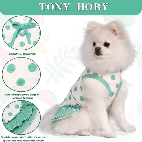 TONY HOBY Summer Dog Dress - Soft Party Dress with Polka Dots for Small Medium Dogs, White & Green