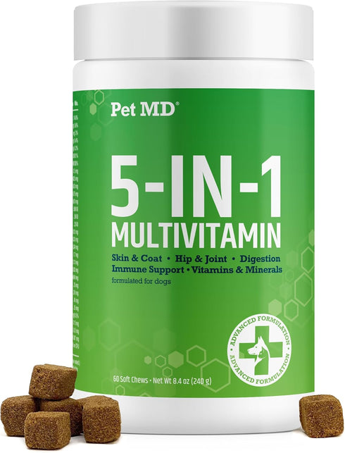 Pet MD 5in1 Dog Multivitamin - 30 Essential Vitamins, Minerals & Nutrients for Skin, Coat, Hip, Joint, 60ct