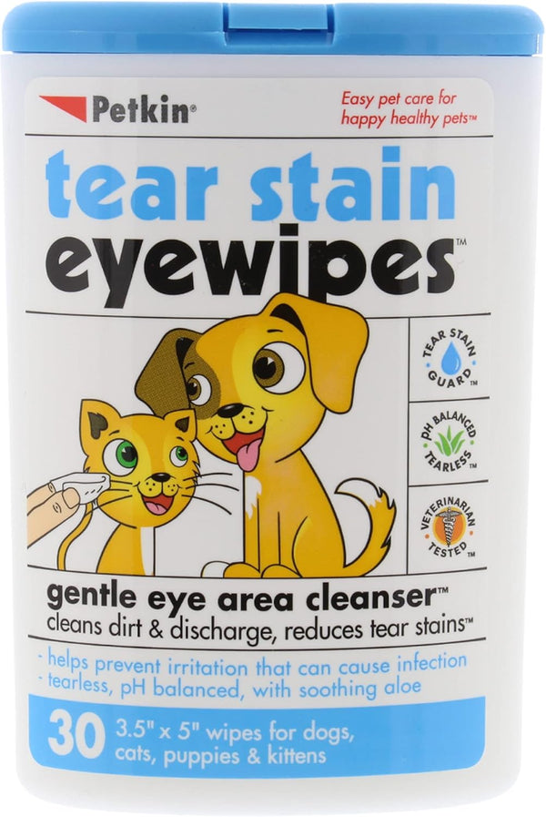 Petkin Pet Eye Wipes - 30 Moist Wipes for Gentle Eye Cleaning, Remove Dirt, Discharge & Tear Stains for Dogs & Cats