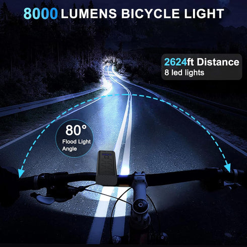 Rechargeable Bike Light Set, 8000 Lumens USB Bicycle Lights, Front Headlight and Taillight with 5+4 Light Modes,