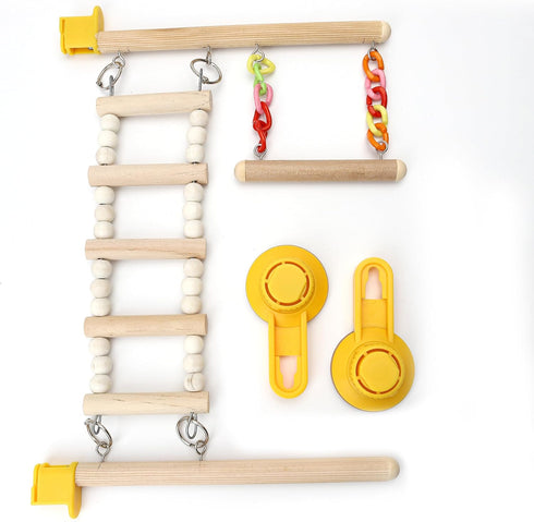 Wood Window Bird Perch Toy with Suction Cup, Climbing Ramp Ladder Platform for Parrots, Budgies, Finches
