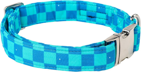 Maca Bates Checkered Mint Blue Dog Grid Collar, Adjustable Plaid Collars for Small Medium Large XL Puppies with Golden