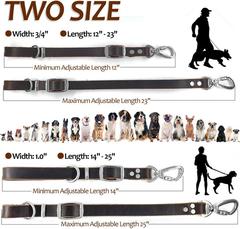 Leather Short Dog Leash, Adjustable Length, Extra Thick Genuine Heavy-Duty Handmade with Extension Function (Width: