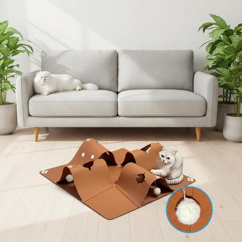 4-Way Interactive Cat Tunnel Mat for Indoor Cats, Felt Cat Cave with Hanging Ball, Foldable Kitty Play Mat and Hideout