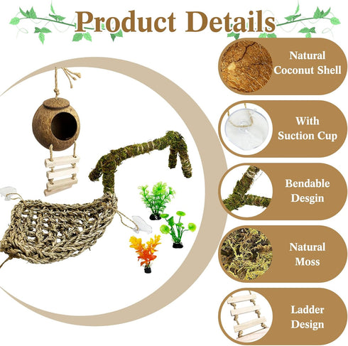 6 Hammock PCS Hermit Crab Accessories Large Bendable Moss Hermit Crab Climbing Toys Coconut Shell Hut with Ladder