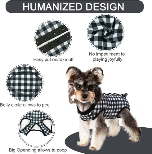 Dog Surgery Suit - Black Plaid Onesie for Female & Male Dog Spay/Neuter Recovery, Medium