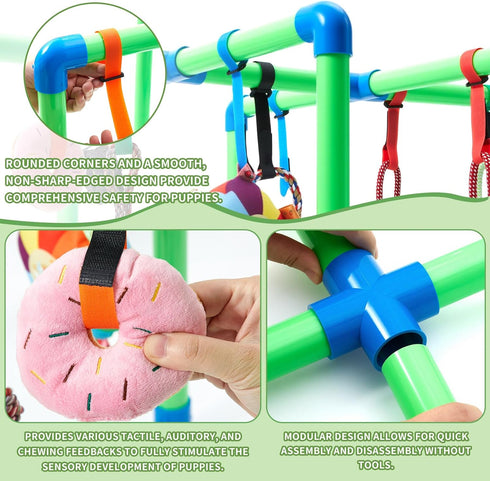 RoundFunny 9 31.5 22.6 19 Inch Puppy Play Gym with Toys Small Dogs Indoor Jungle Playground PVC Frame with Bungee