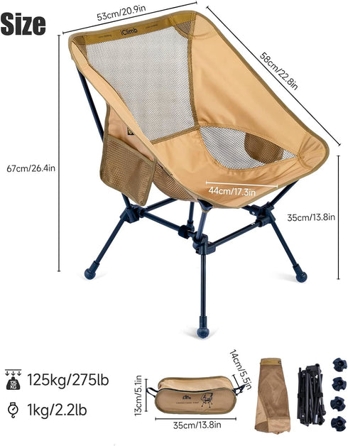 iClimb Ultralight Compact Camping Folding Beach Chair with Anti-Sinking Large Feet and Back Support Webbing (Brown