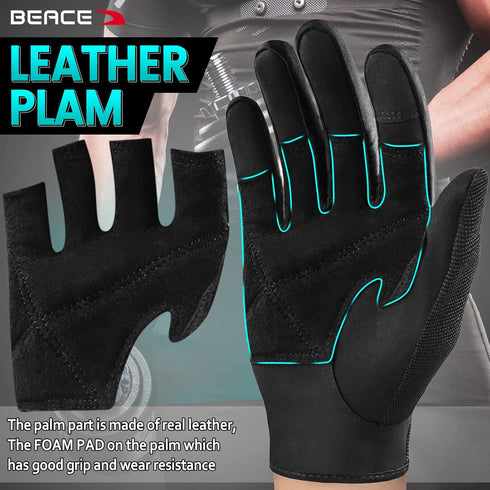 BEACE Full Finger Weight Lifting Gym Gloves with Anti-Slip Leather Palm for Workout Exercise Training Fitness