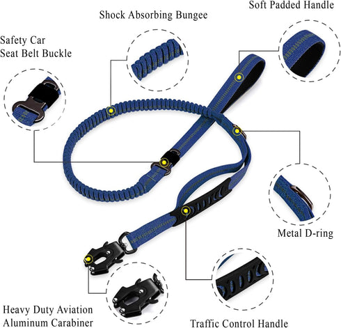 Heavy Duty Tactical Bungee Dog Leash - 4-6FT Shock Absorbing with 2 Padded Handles, Metal Carabiner Clip, Reflective