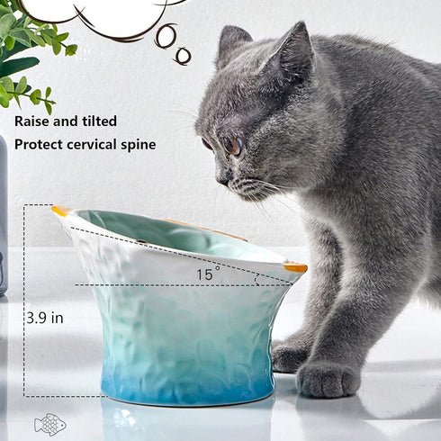 Raised Tilted Ceramic Cat Food Bowl - Cute Fish Shape Elevated Slanted Shallow Angled Cat Dish - Personalized Pet Feeder for Kitty Dry Wet Treats Feeding - Ergonomic Anti Vomiting Whisker Fatigue