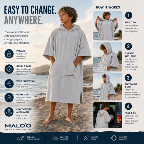 Swimming, 4 2 Maloo AVO Changing Poncho Microfiber Surf Poncho with Hood & Pocket, Quick-Dry Towel Robe for Surfing