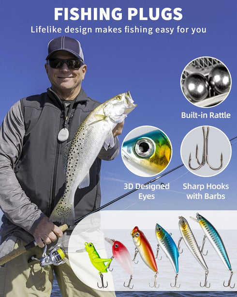 Fishing Lures Kit for Freshwater, Tackle Kit with Spoon Lures, Soft Plastic Worms, Crankbait, Jigs, Fishing Hooks