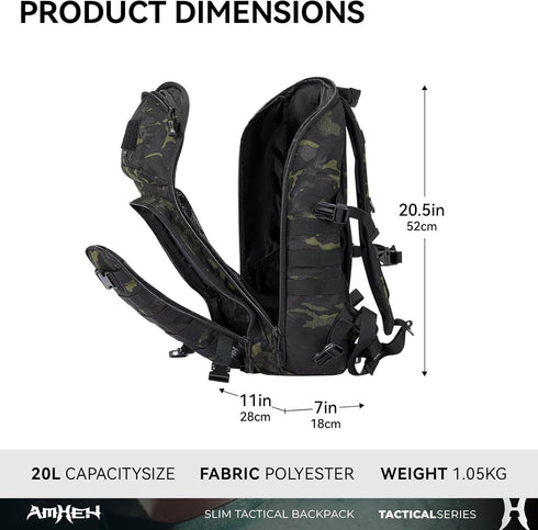 20L Backpack 13" 1050D Commuting Daypack AMHEH Slim Tactical - Laptop Suspended Protection, Heavy Duty Urban Everyday