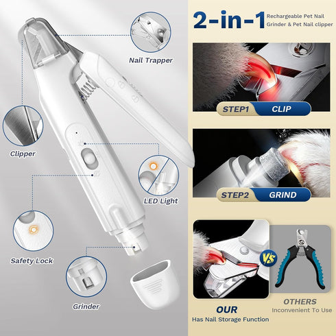 Catpick care 2-in-1 Over-Trimming, Dog & Cat Nail Clipper with Grinder - Dual Highlight LED Reduce Long Battery