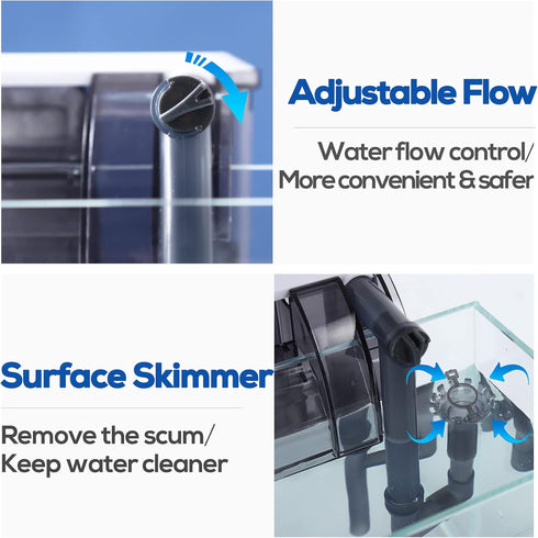 Aquarium Filter with Surface Skimmer, 10 Gallon Small Fish Tank Filter, Adjustable Water Flow for Quiet Operation