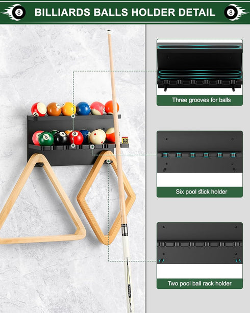 Wall Mount Billiard Balls Rack, Hardwood Billiard Balls Holder & 6 Pool Stick Holder