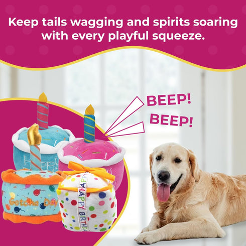 Plush Birthday Dog Toys - Pink Birthday Cake Toy with Squeaker for Small, Medium, and Large Dogs
