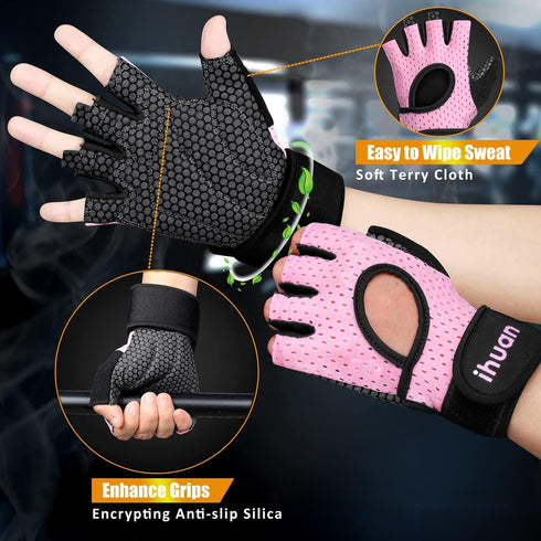 ihuan Breathable Weight Lifting Workout Gym Gloves: Fingerless Exercise Wrist Support | Enhance Palm Protection | Extra