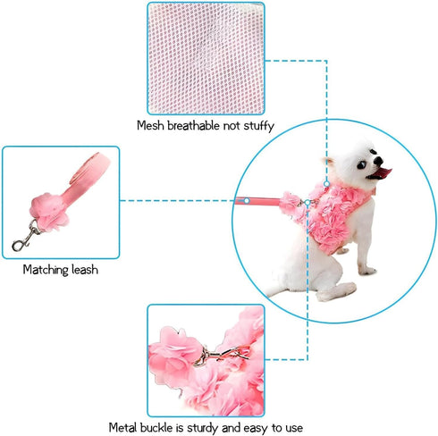 Cute Dog Harness - Escape-Proof Flower Harness with Leash Set, Soft Mesh Small Puppy Vest for Cats and Dogs, Pink &