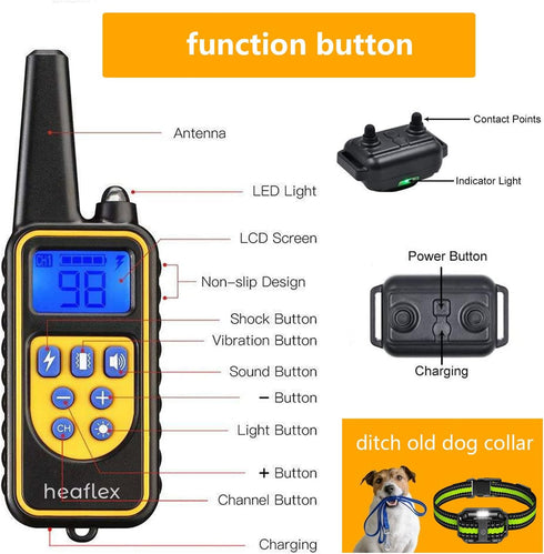 Dog Shock Collar with Remote, Waterproof Rechargeable, 1640ft Range with LED Light, Beep, Vibration, Shock for