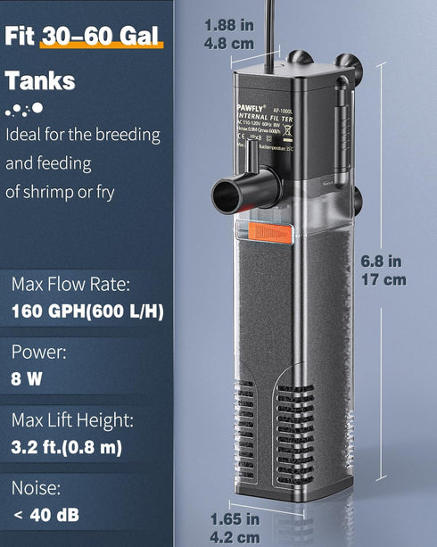 Pawfly Internal Aquarium Filter with 160 GPH Water Pump Quiet Submersible Bio Sponge Foam Filter for 30 to 60 Gallon Fish Tanks Multifunctional Filter for Filtration Circulation and Oxygenation