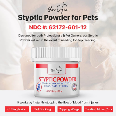 Styptic Powder for Dogs, Cats, and Birds, 2 oz by Evo Dyne, Fast-Acting Blood Stop Powder for Grooming & Cuts