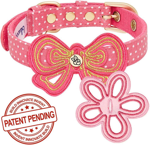 Blueberry Pet Adjustable Dog Collar with Metal Buckle, 2 Detachable Bowtie, Pink Polka Dot, Neck 9-12.5"