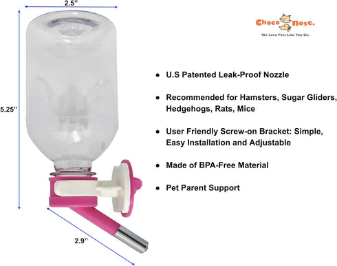 Choco Nose Patented Mini No-Drip Water Bottle/Feeder for Small Pets, 10.2oz, Nozzle 10mm, Pink (C125)