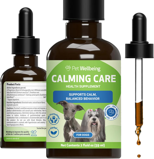 Pet Wellbeing Calming Care for Dogs - Vet-Formulated Liquid Supplement 2 oz - Ashwagandha & Holy Basil Blend