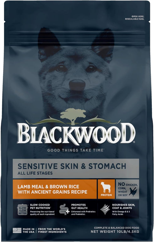 Blackwood Sensitive Skin & Stomach Dry Dog Food, Lamb Meal & Brown Rice, 10 lb Bag with Prebiotics & Probiotics