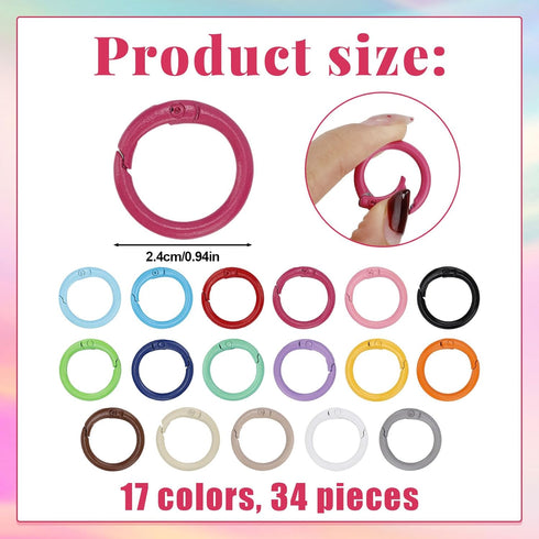 Penitue 34pcs 0.94in (17 Spring O Rings, Colorful Round Snap Keyring Metal Carabiner Clips Loose Leaf Book Binder Rings