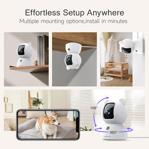 CINMOORE 2.5K 2.4GHz 2-Way Pet/Dog Camera with Speaker/Phone App, No-Monthly-Fee AI Person/Pet/Cry Detection Security