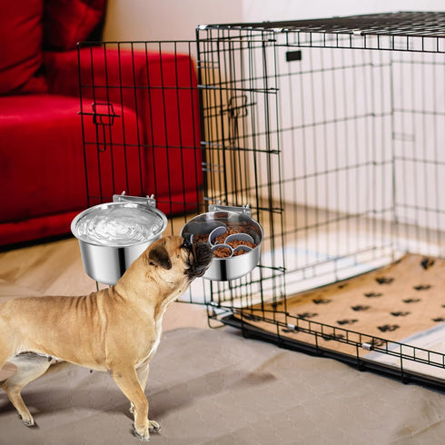 Pet Dog Water Bowl for Cage, Stainless Steel Non-Spill Hanging Bowl with Clamp Holder for Small Medium Large Dogs