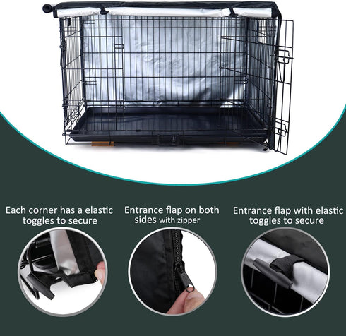 Durable Double Door Dog Crate Cover, Waterproof Anti-UV Kennel Cover for 24-48 inches Crate, Black