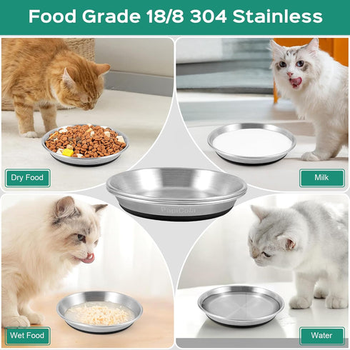 Basic Cat Bowls, Dog Food Bowls, Food Grade 304 Stainless Steel Cat Dishes, Wide and Shallow Design Reducing Whisker Fatigue, Non-Slip Silicone Base, Heavy Duty, Metal Plates for Cat and Puppy (2pack)