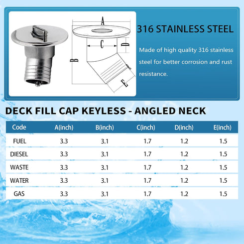 SHENGHUISS Boat Deck Fuel/Gas/Water/Waste Fill/Filler Tank Key - Marine 316 Stainless Steel Deck Filler Marine Hardware
