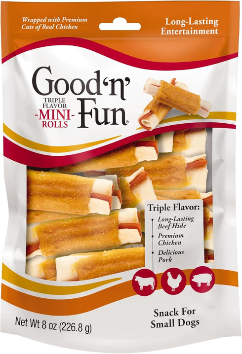 Good 'n' Fun Triple Flavor Mini Rolls, 8 Ounce - Long-Lasting Rawhide Chews for Small Dogs