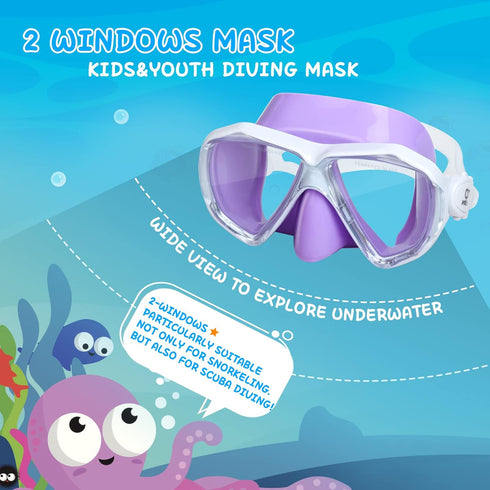 Kids Diving Mask, 180° Anti-Fog Swim Mask with Tempered Glass and Nose Cover for Diving and Snorkeling