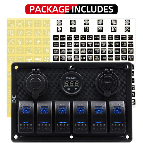 FXC Waterproof Marine Boat Rocker Switch Panel 6 Gang with Dual USB + Cigarette Lighter